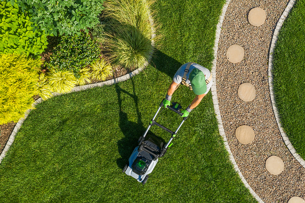 A homeowner works on landscaping in yard